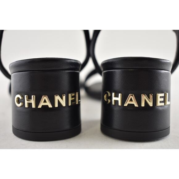 Chanel 24C Black Lambskin Leather Gold Logo Ankle Strap Block Heel Sandal 38 - Picture 13 of 14